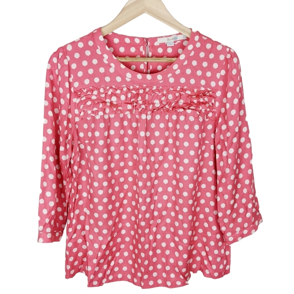 Boden Edith Silk Blend Polka Dot Ruffled Blouse Top Coral Pink Size 10